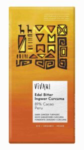 Vivani Bio tmavá čokoláda 89 % Peru zázvor kurkuma 80g