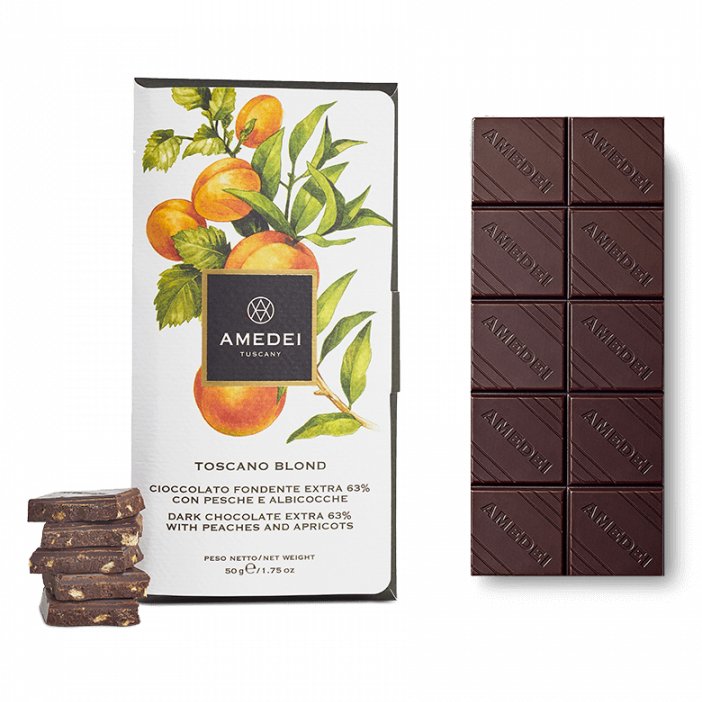 Amedei Toscano čokoláda 70 % s broskvemi a meruňkami 50g
