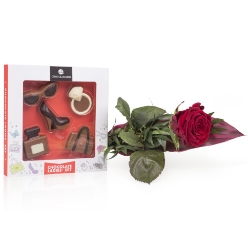 Chocolissimo - Červená růže a sada čokoládek pro ženy 100 g