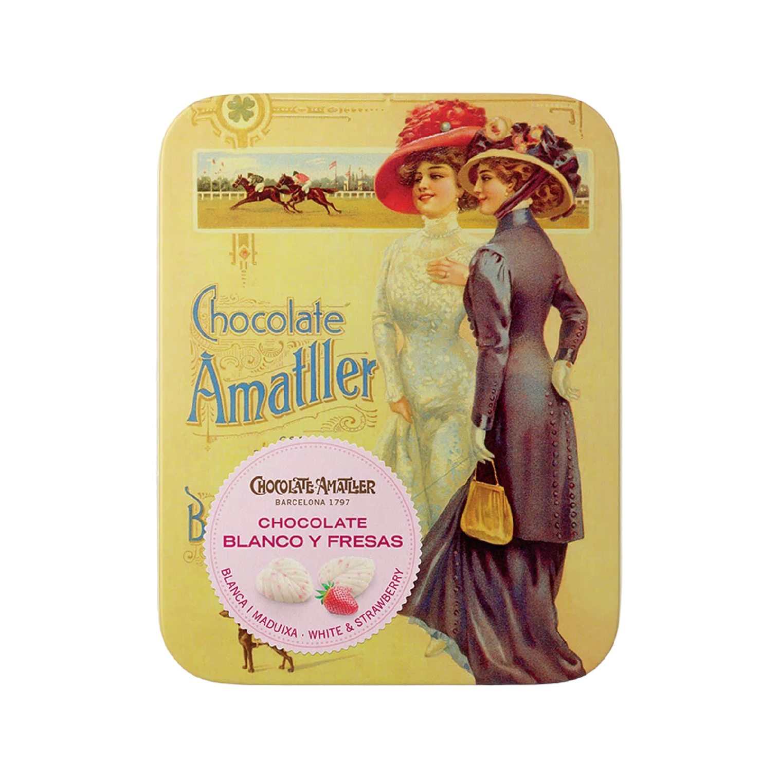 Amatller plechovka s lístky z bílé čokolády s jahodami 60g