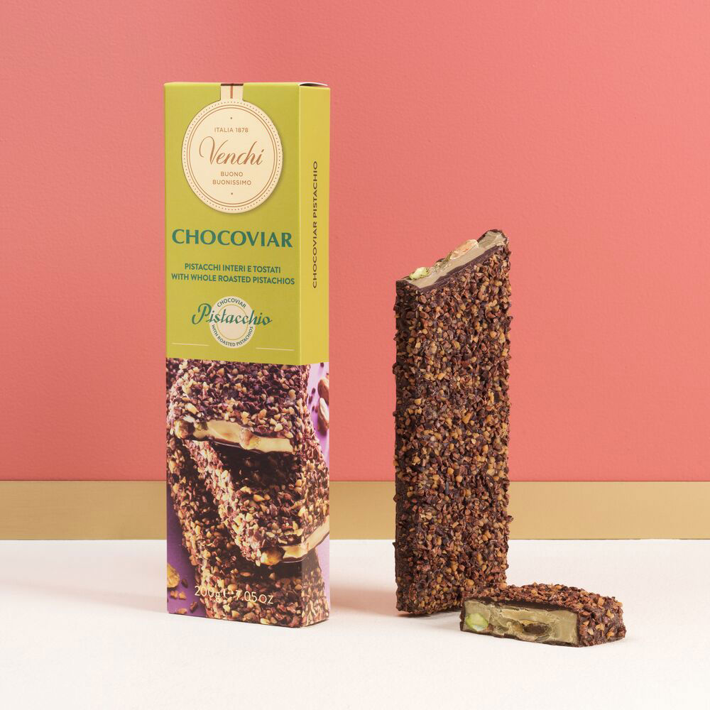 Venchi měkká pistáciová čokoláda s celými pistáciemi a Chocoviar posypem 200g