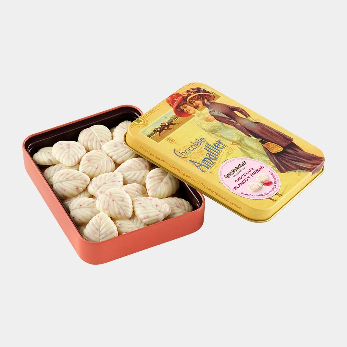 Amatller plechovka s lístky z bílé čokolády s jahodami 60g